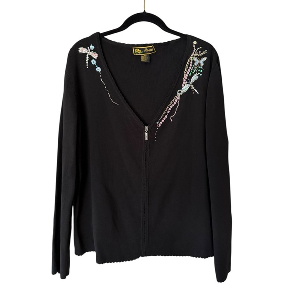 Mirasol Sweaters - Vintage Black Cardigan Sweater Size XL Rhinestone Embroidered Dragonfly